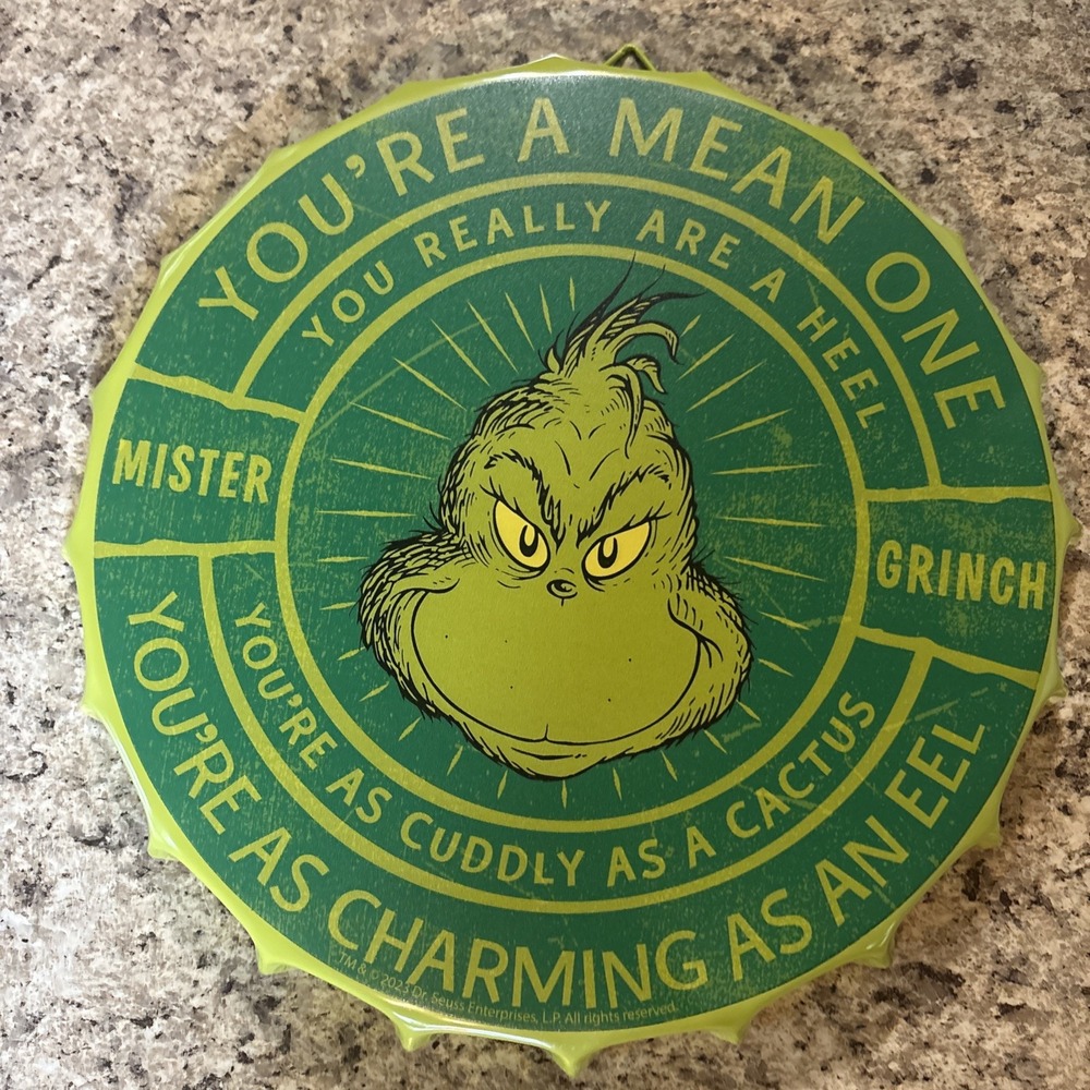 Mr Grinch Metal Wall Sign Picture Plaque Bottle Cap Shape Wall Decor 12in RUZ